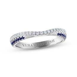 Previously Owned Vera Wang WISH Diamond & Blue Sapphire Contoured Anniversary Ring 1/6 ct tw Round 14K White Gold