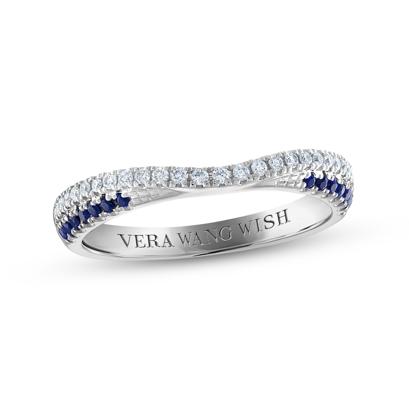 Main Image 1 of Previously Owned Vera Wang WISH Diamond & Blue Sapphire Contoured Anniversary Ring 1/6 ct tw Round 14K White Gold