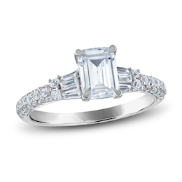 Previously Owned Certified Diamond Engagement Ring 1-1/2 ct tw Emerald/Round /Baguette 14K White Gold