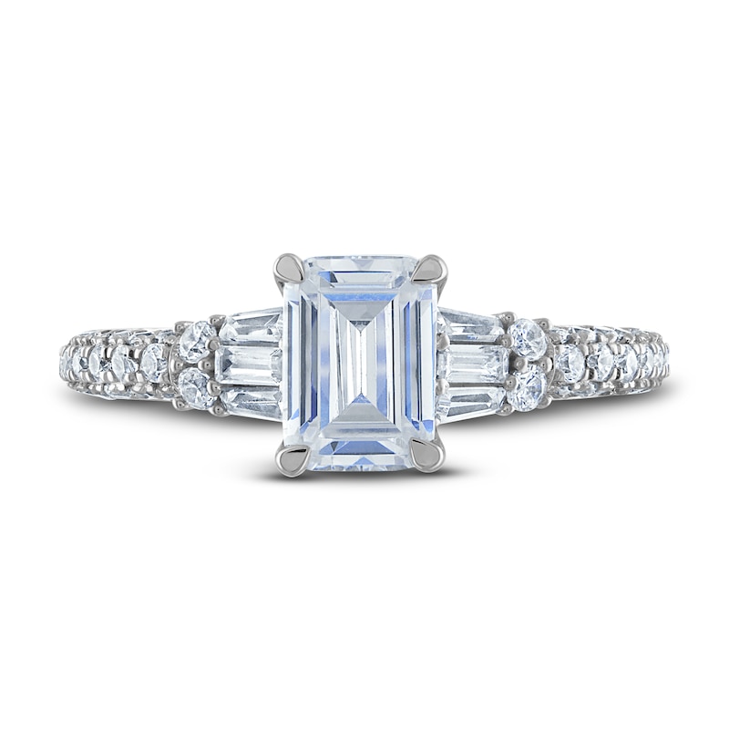 Main Image 3 of Previously Owned Certified Diamond Engagement Ring 1-1/2 ct tw Emerald/Round /Baguette 14K White Gold