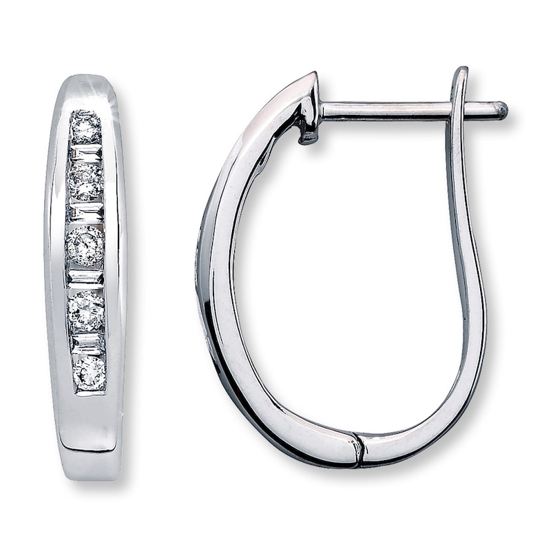 Main Image 1 of Previously Owned Diamond Hoop Earrings 1/4 ct tw Round/Baguette-Cut 10K White Gold