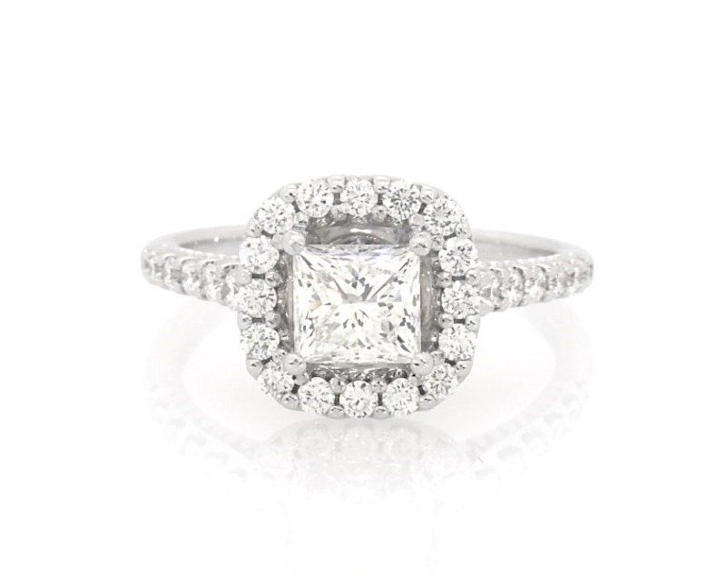 Main Image 1 of Previously Owned Princess-Cut Diamond Halo Engagement Ring 1-1/4 ct tw 14K White Gold Size 7
