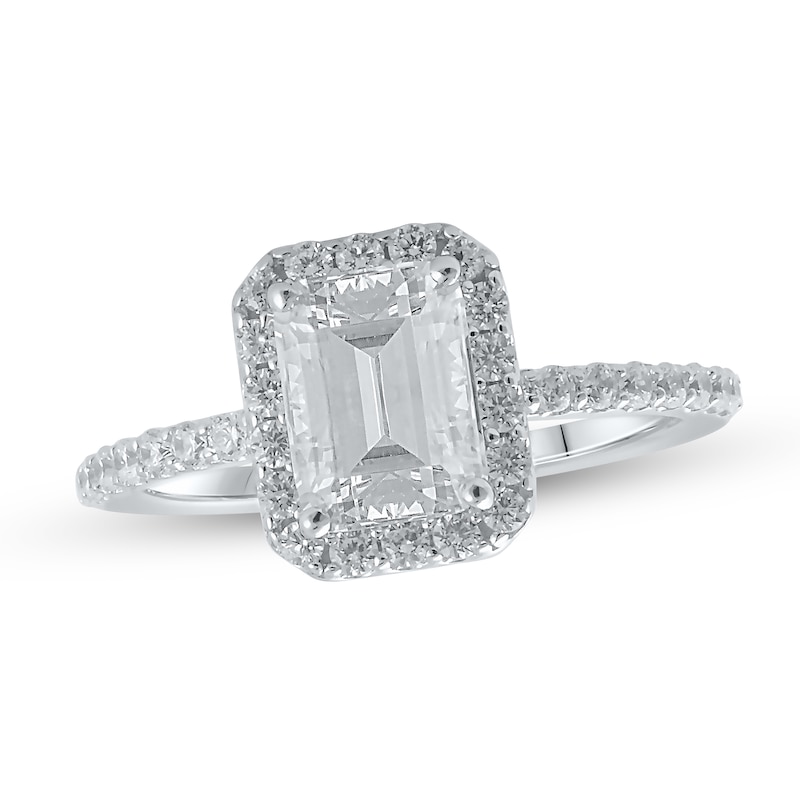 Main Image 1 of Previously Owned Lab-Grown Diamond Engagement Ring 2 ct tw Emerald/Round 14K White Gold