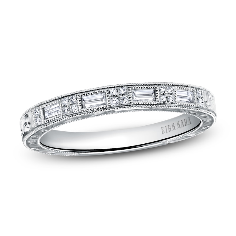 Main Image 1 of Previously Owned Kirk Kara Engraved Diamond Wedding Band 1/8 ct tw Baguette/Round 14K White Gold