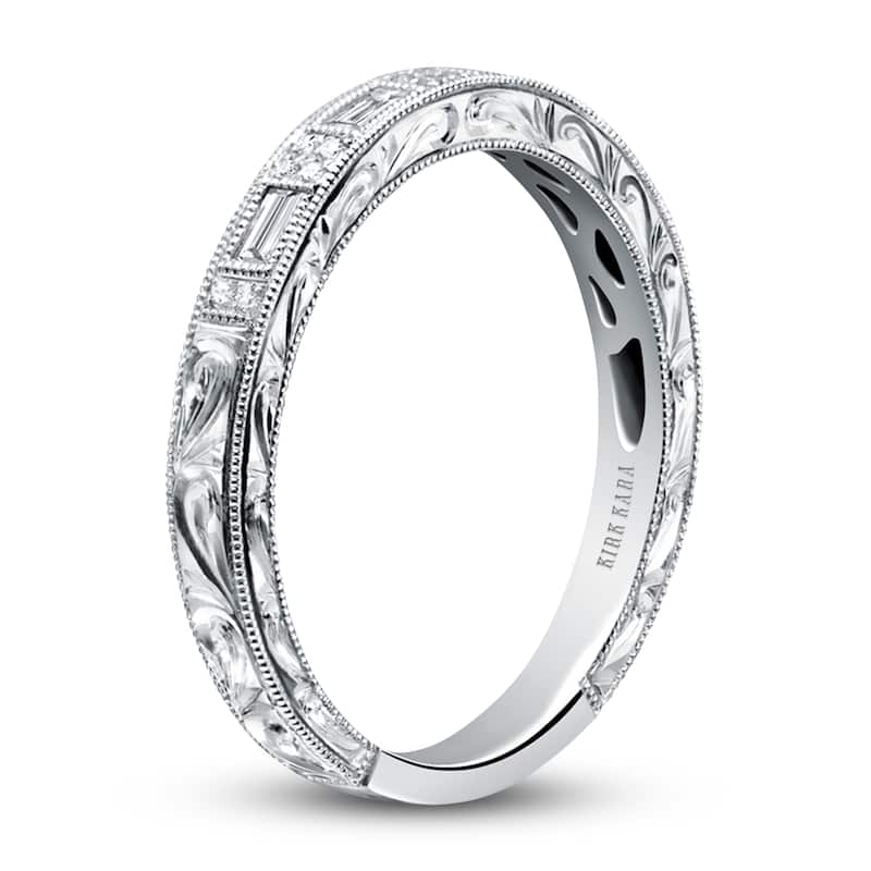 Main Image 2 of Previously Owned Kirk Kara Engraved Diamond Wedding Band 1/8 ct tw Baguette/Round 14K White Gold