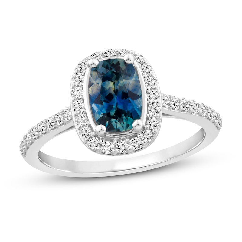 Main Image 1 of Previously Owned Montana Blue Cushion-Cut Natural Sapphire Ring 3/8 ct tw Round Diamonds 14K White Gold