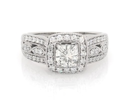 Previously Owned Round-Cut Diamond Cushion Halo Engagement Ring 1 ct tw 14K White Gold Size 8.5