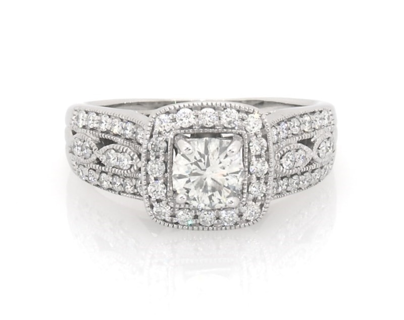 Main Image 1 of Previously Owned Round-Cut Diamond Cushion Halo Engagement Ring 1 ct tw 14K White Gold Size 8.5
