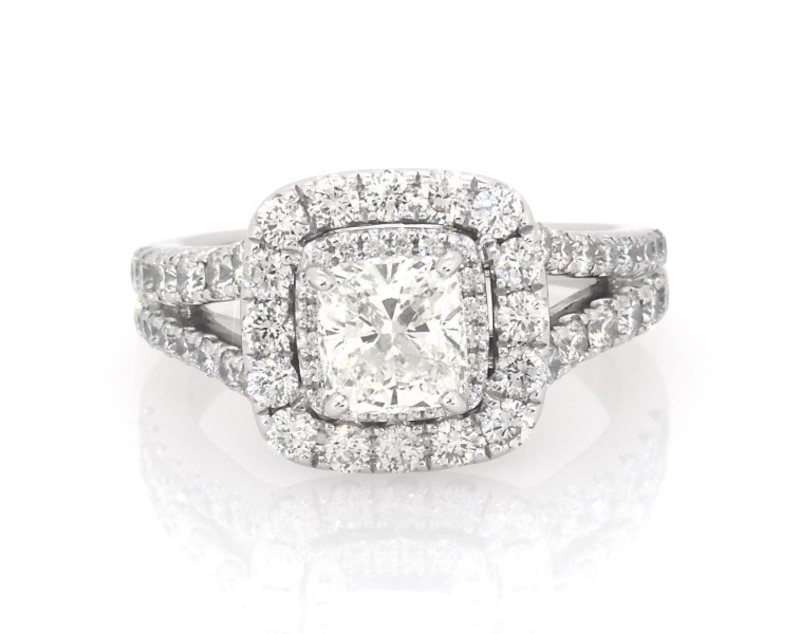 Main Image 1 of Previously Owned Cushion-Cut Diamond Double Halo Engagement Ring 2-1/2 ct tw 14K White Gold Size 8.25