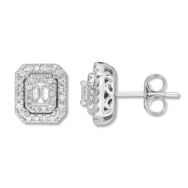Main Image 1 of Previously Owned Diamond Earrings 5/8 ct tw Emerald-cut/Round 14K White Gold