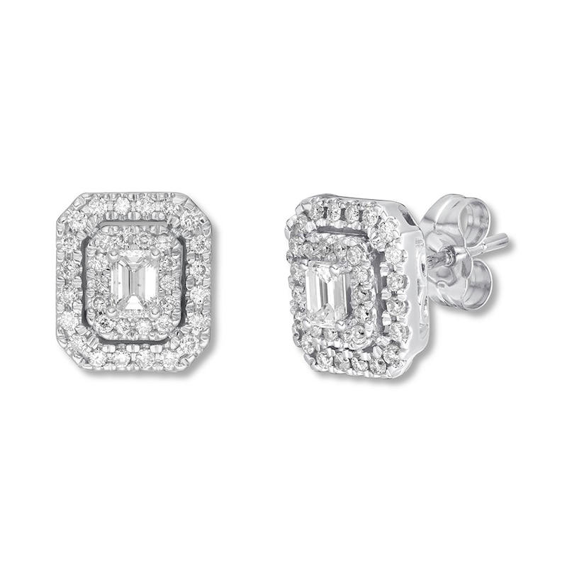 Main Image 3 of Previously Owned Diamond Earrings 5/8 ct tw Emerald-cut/Round 14K White Gold