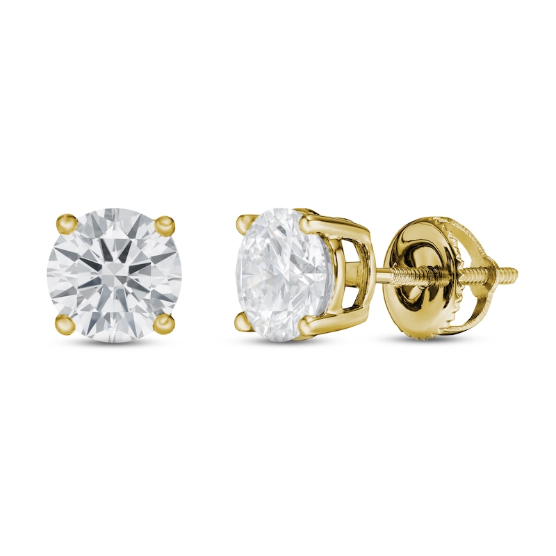 Main Image 1 of Previously Owned Lab-Grown Diamond Solitaire Stud Earrings 1 1/2 ct tw Round 14K Yellow Gold (SI2/F)