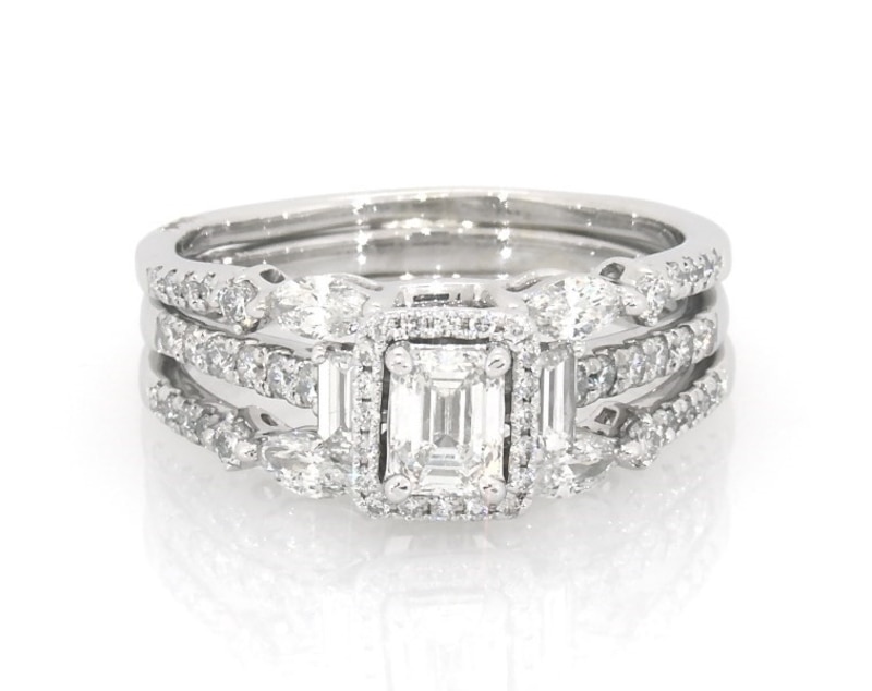 Main Image 1 of Previously Owned Emerald-Cut Diamond Halo Bridal Set 1-3/8 ct tw 14K White Gold Size 8