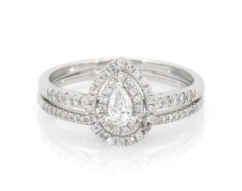 Main Image 1 of Previously Owned Pear-Shaped Diamond Double Halo Bridal Set 1/2 ct tw 10K White Gold Size 9.25