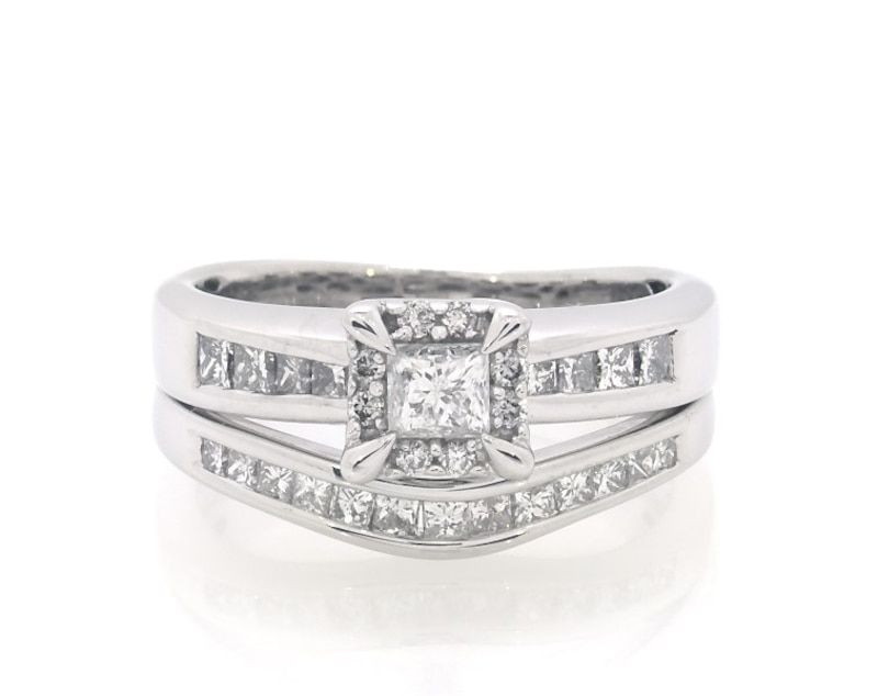 Main Image 1 of Previously Owned Princess-Cut Diamond Bridal Set 1 ct tw 14K White Gold Size 7.25