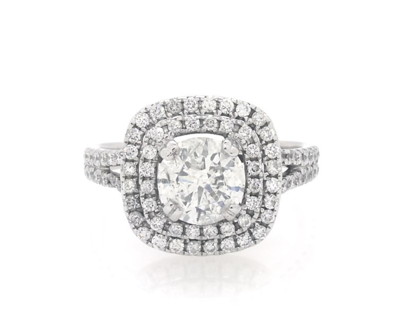 Main Image 1 of Previously Owned Round-Cut Diamond Double Cushion Halo Engagement Ring 2-1/8 ct tw 14K White Gold Size 7