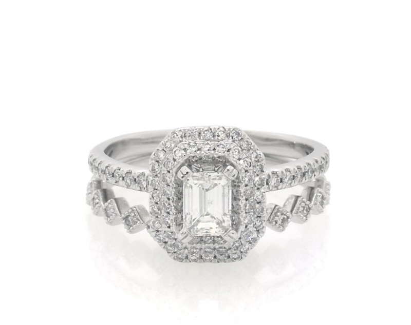 Main Image 1 of Previously Owned Emerald-Cut Diamond Double Halo Bridal Set 3/4 ct tw 10K White Gold Size 5.75