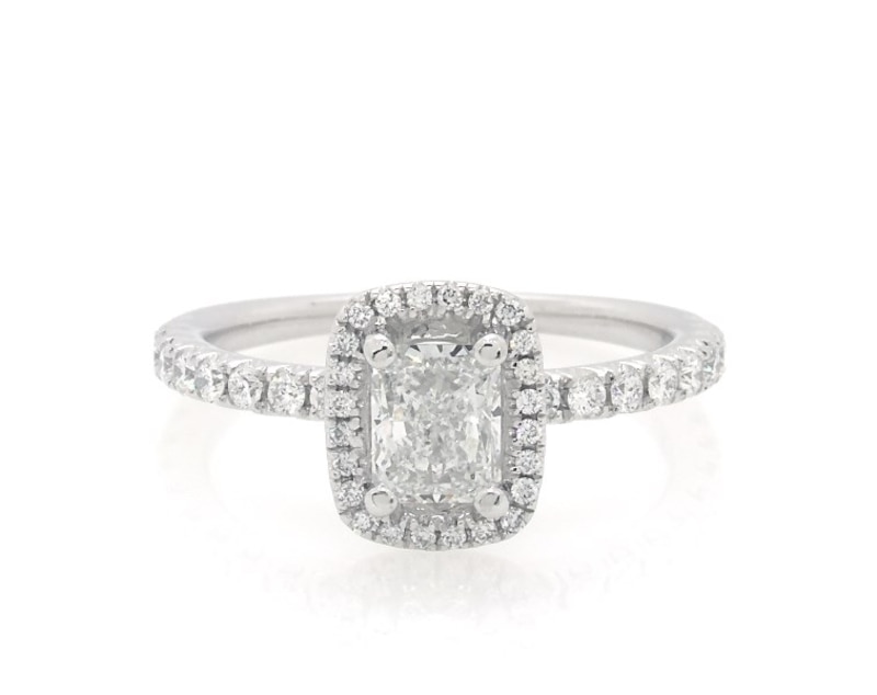 Main Image 1 of Previously Owned Radiant-Cut Diamond Halo Engagement Ring 1-1/4 ct tw 14K White Gold Size 7.25