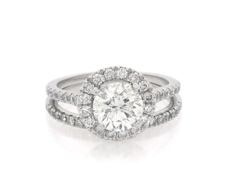 Main Image 1 of Previously Owned Round-Cut Diamond Halo Split Shank Engagement Ring 1-7/8 ct tw 14K White Gold Size 5