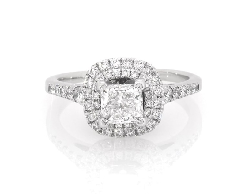 Main Image 1 of Previously Owned Princess-Cut Diamond Cushion-Shaped Double Halo Engagement Ring 1-1/4 ct tw 14K White Gold Size 7