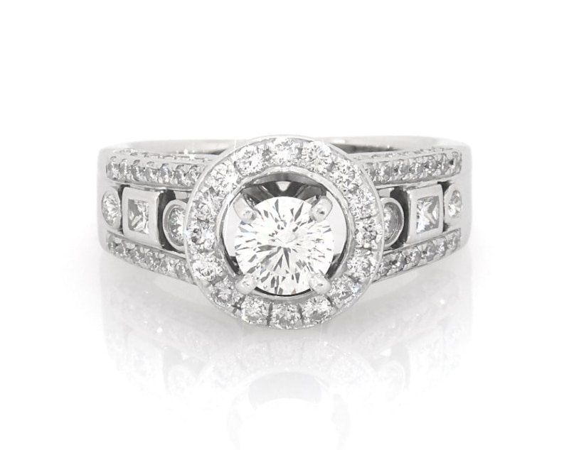 Main Image 1 of Previously Owned Round-Cut Diamond Halo Engagement Ring 1-3/8 ct tw 14K White Gold Size 6.5
