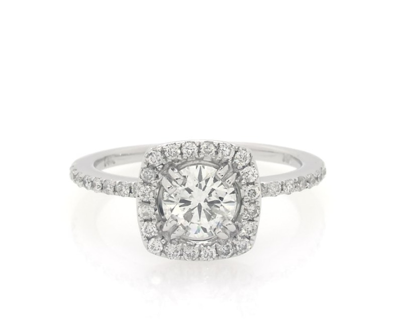 Main Image 1 of Previously Owned Round-Cut Diamond Cushion Halo Engagement Ring 7/8 ct tw 14K White Gold Size 6