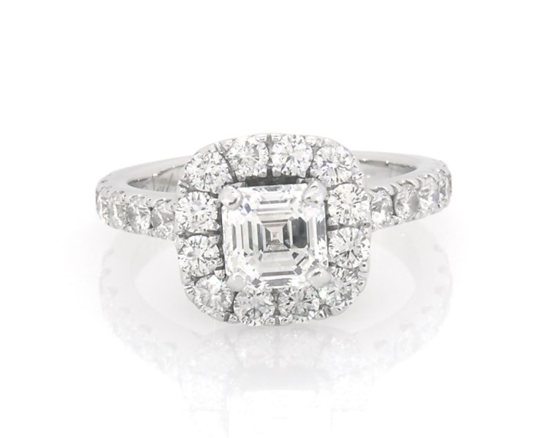 Main Image 1 of Previously Owned Asscher-Cut Diamond Halo Engagement Ring 2 ct tw 14K White Gold Size 6