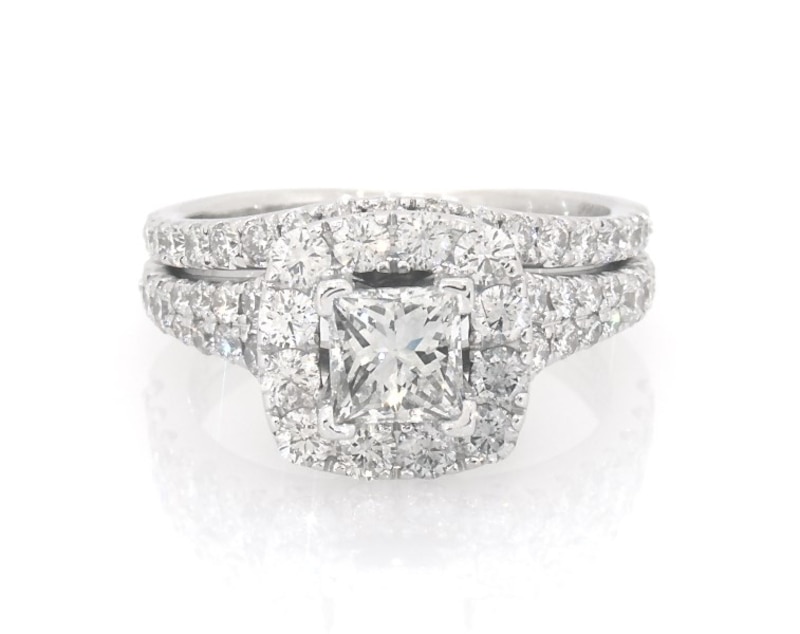 Main Image 1 of Previously Owned Princess-Cut Diamond Cushion-Shaped Halo Bridal Set 2-3/8 ct tw 14K White Gold Size 7