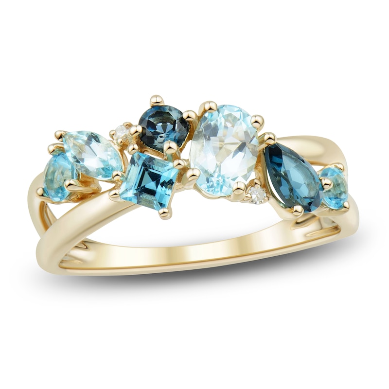 Main Image 1 of Previously Owned Multi-Shape Natural Swiss, Sky & London Blue Topaz Diamond Accent Ring 14K Yellow Gold