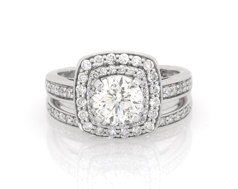 Main Image 1 of Previously Owned Round-Cut Diamond Double Halo Bridal Set 1-1/4 ct tw 14K White Gold Size 5