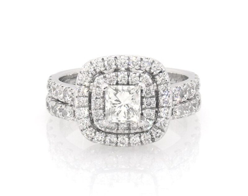 Main Image 1 of Previously Owned Princess-Cut Diamond Cushion-Shaped Halo Bridal Set 1-5/8 ct tw 14K White Gold Size 4.5