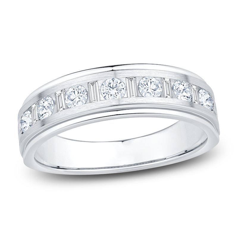 Main Image 1 of Previously Owned Men's Certified Baguette & Round-Cut Diamond Wedding Band 3/4 ct tw 14K White Gold