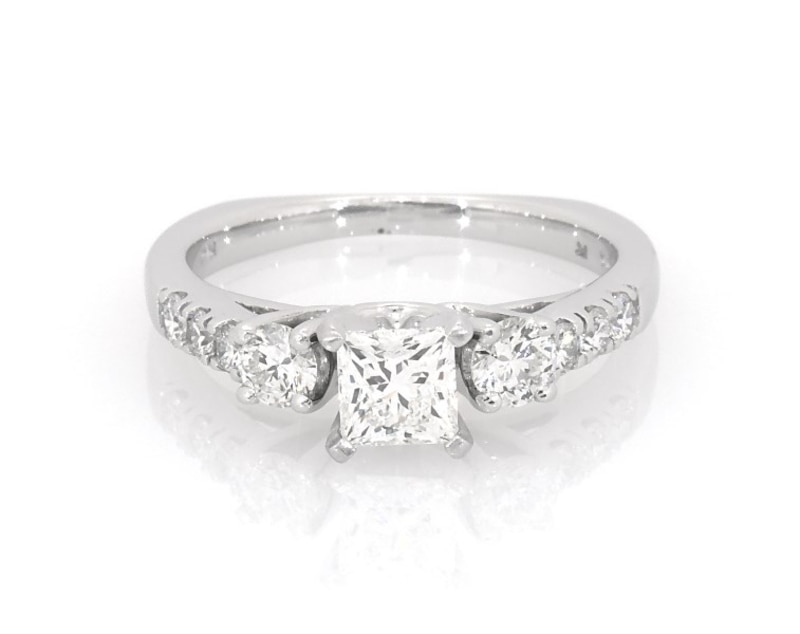 Main Image 1 of Previously Owned Princess & Round-Cut Diamond Three-Stone Engagement Ring 1 ct tw 18K White Gold Size 7.25