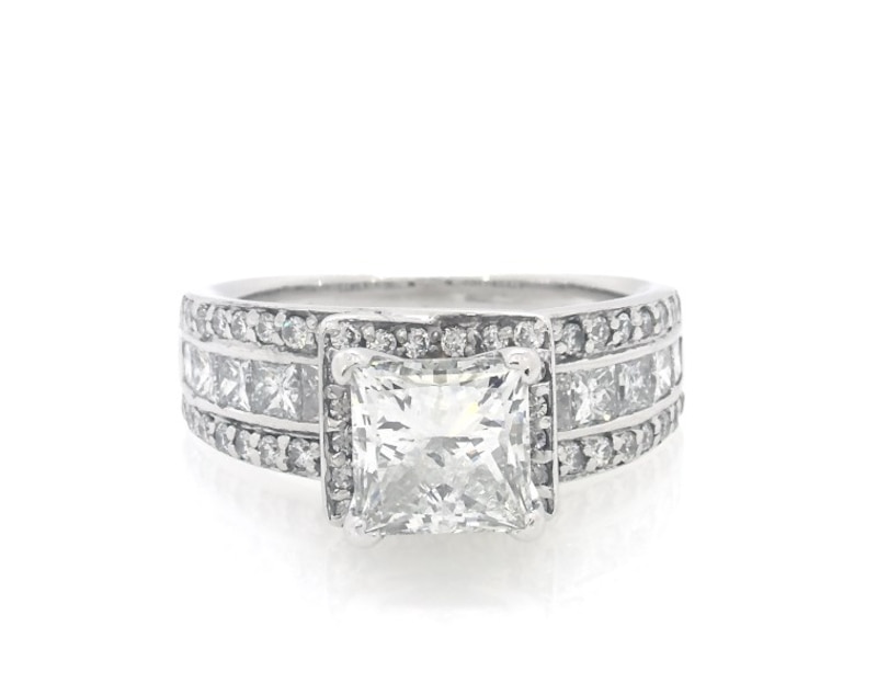 Main Image 1 of Previously Owned Princess-Cut Diamond Halo Engagement Ring 2-3/8 ct tw 14K White Gold Size 5