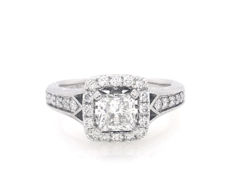 Main Image 1 of Previously Owned Princess-Cut Diamond Cushion Halo Engagement Ring 1-3/8 ct tw 14K White Gold Size 6.75