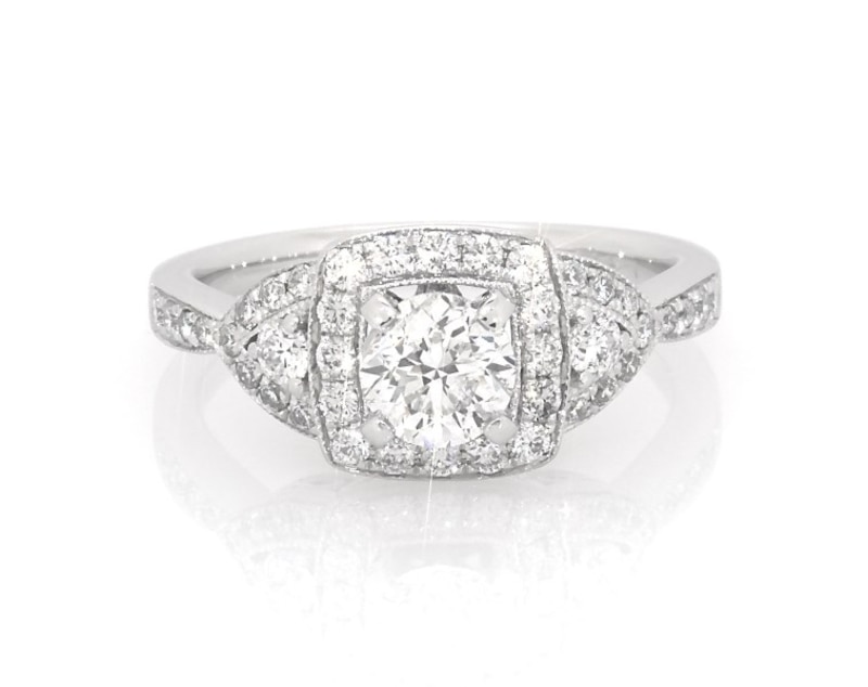 Main Image 1 of Previously Owned Round-Cut Diamond Halo Engagement Ring 1-1/8 ct tw 14K White Gold Size 6.75