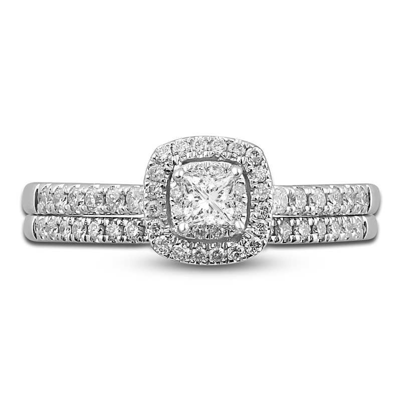 Main Image 3 of Previously Owned Diamond Double Halo Bridal Set 1/2 ct tw Princess/Round 14K White Gold