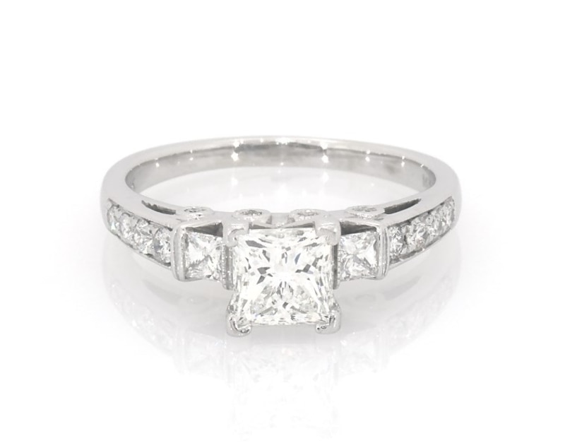 Main Image 1 of Previously Owned Princess-Cut Diamond Three-Stone Engagement Ring 1-3/8 ct tw 14K White Gold Size 7.75