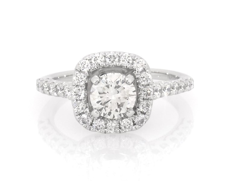 Main Image 1 of Previously Owned Round-Cut Diamond Cushion-Shaped Halo Engagement Ring 1-1/8 ct tw 14K White Gold Size 5.75