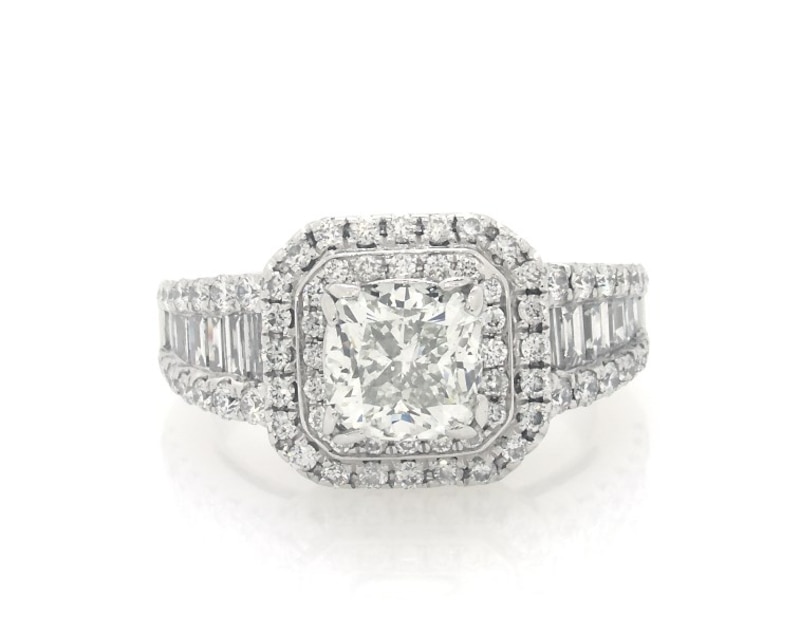 Main Image 1 of Previously Owned Cushion-Cut Diamond Double Halo Engagement Ring 2-3/8 ct tw 14K White Gold Size 4.25