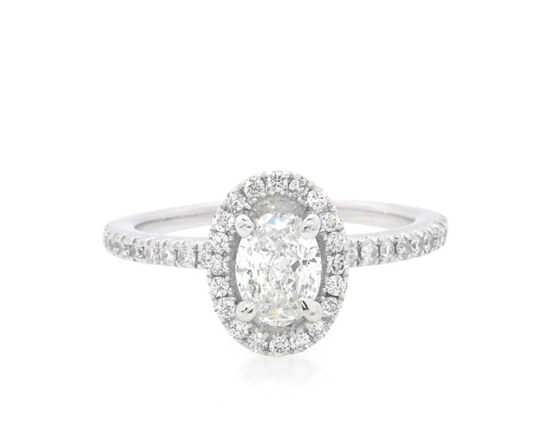 Main Image 1 of Previously Owned Oval-Cut Diamond Halo Engagement Ring 7/8 ct tw 14K White Gold Size 6