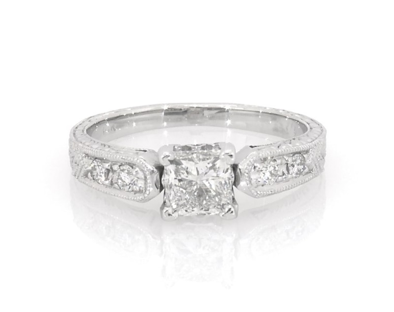 Main Image 1 of Previously Owned Princess-Cut Diamond Milgrain Engagement Ring 3/4 ct tw 14K White Gold Size 5.5
