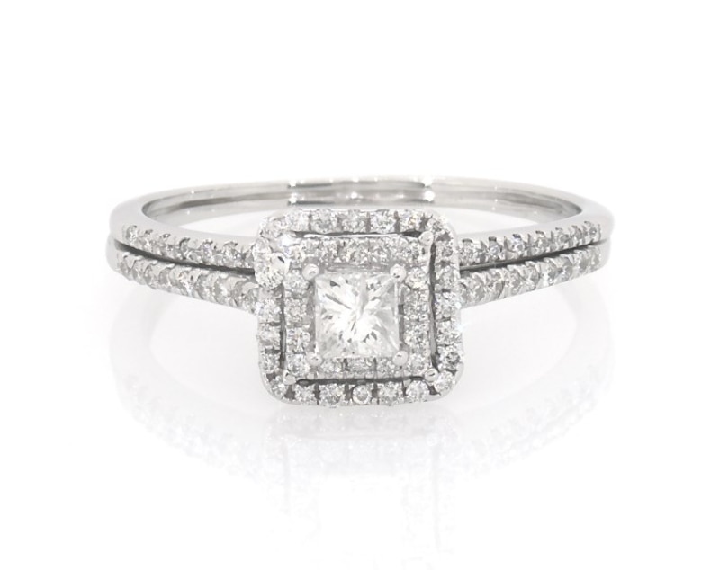 Main Image 1 of Previously Owned Princess-Cut Diamond Double Halo Bridal Set 5/8 ct tw 14K White Gold Size 9