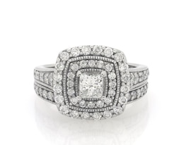Previously Owned Princess-Cut Diamond Cushion-Shaped Double Halo Bridal Set 1-1/3 ct tw 14K White Gold Size 5.5