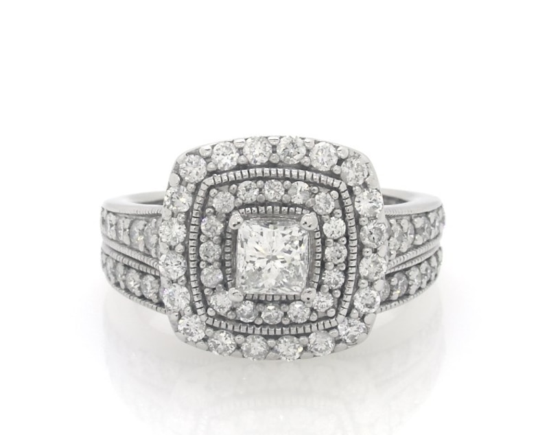 Main Image 1 of Previously Owned Princess-Cut Diamond Cushion-Shaped Double Halo Bridal Set 1-1/3 ct tw 14K White Gold Size 5.5