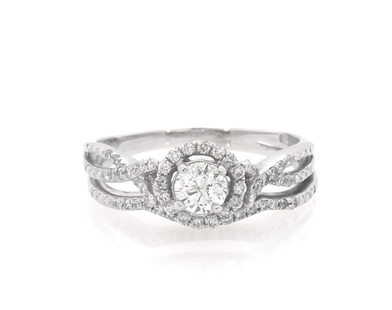 Main Image 1 of Previously Owned Round-Cut Diamond Halo Twist Bridal Set 1/2 ct tw 14K White Gold Size 5.75