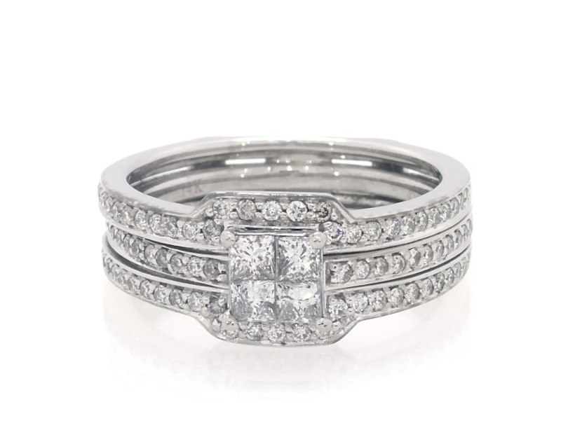 Main Image 1 of Previously Owned Princess-Cut Quad Diamond Bridal Set 3/4 ct tw 14K White Gold Size 6.75