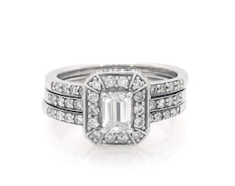 Previously Owned Emerald-Cut Diamond Octagon Frame Bridal Set 1-1/6 ct tw 14K White Gold Size 5.5
