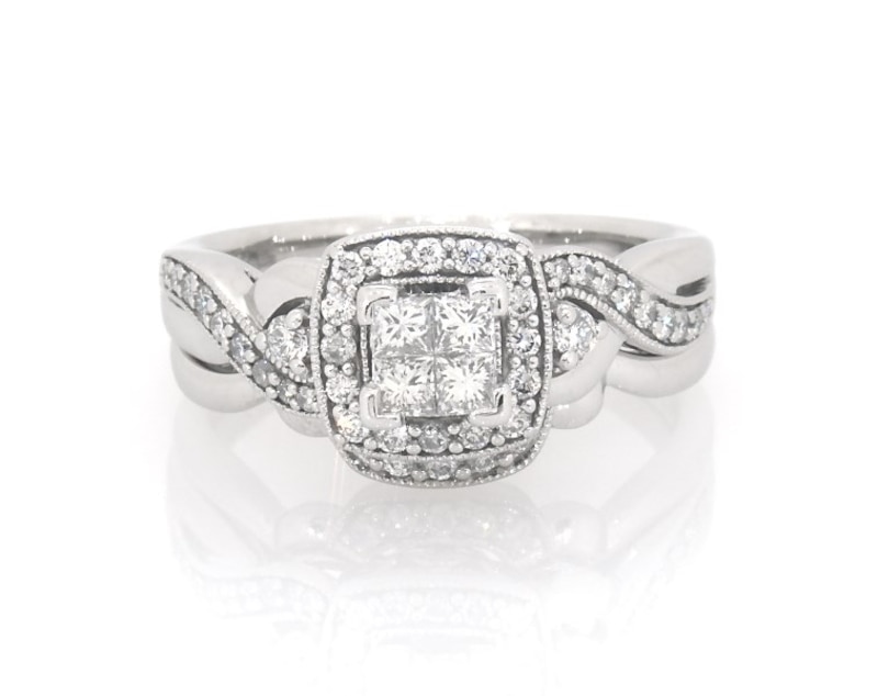 Main Image 1 of Previously Owned Princess-Cut Quad Diamond Halo Bridal Set 5/8 ct tw 14K White Gold Size 7.25
