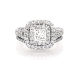 Previously Owned Princess-Cut Diamond Cushion-Shaped Double Halo Bridal Set 2-1/3 ct tw 14K White Gold Size 5